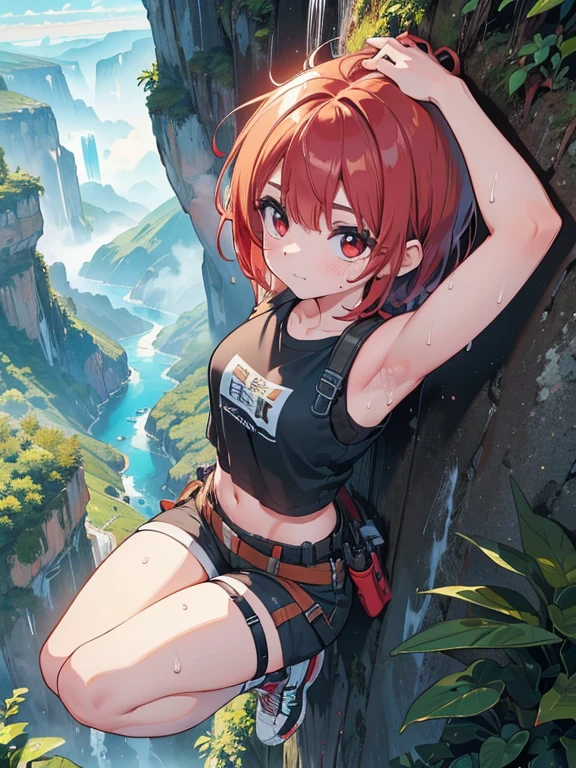 (8k, highest quality, Tabletop:1.2)、Ultra-high resolution, Detailed face, (See her from above), 15-year-old girl, Red eyes, Red hair, short hair, (((Free Solo Climbing))), ((Hands on the cliff)), ((Lift your head)), ((Sweat)), ((sneakers)), ((meanwhile)), (Crop top), (Shorts), holster, fog, null, Dense forest, canyon, high null