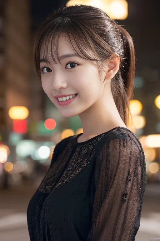 1 girl, (Wearing a black blouse:1.2), Beautiful Japanese actresses, (ponytail:1.3),
(RAW Photos, highest quality), (Realistic, Photorealistic:1.4), masterpiece,
Very delicate and beautiful, Very detailed, 2k wallpaper, wonderful,
finely, Very detailed CG Unity 8K 壁紙, Very detailed, High resolution,
Soft Light, Beautiful detailed girl, Very detailed目と顔, Beautiful and detailed nose, Beautiful and detailed, Cinema Lighting,
break
(Snowy night cityscape as background 1.3), City lights,
Perfect Anatomy, Slender body, smile, Face the front completely, Looking at the camera