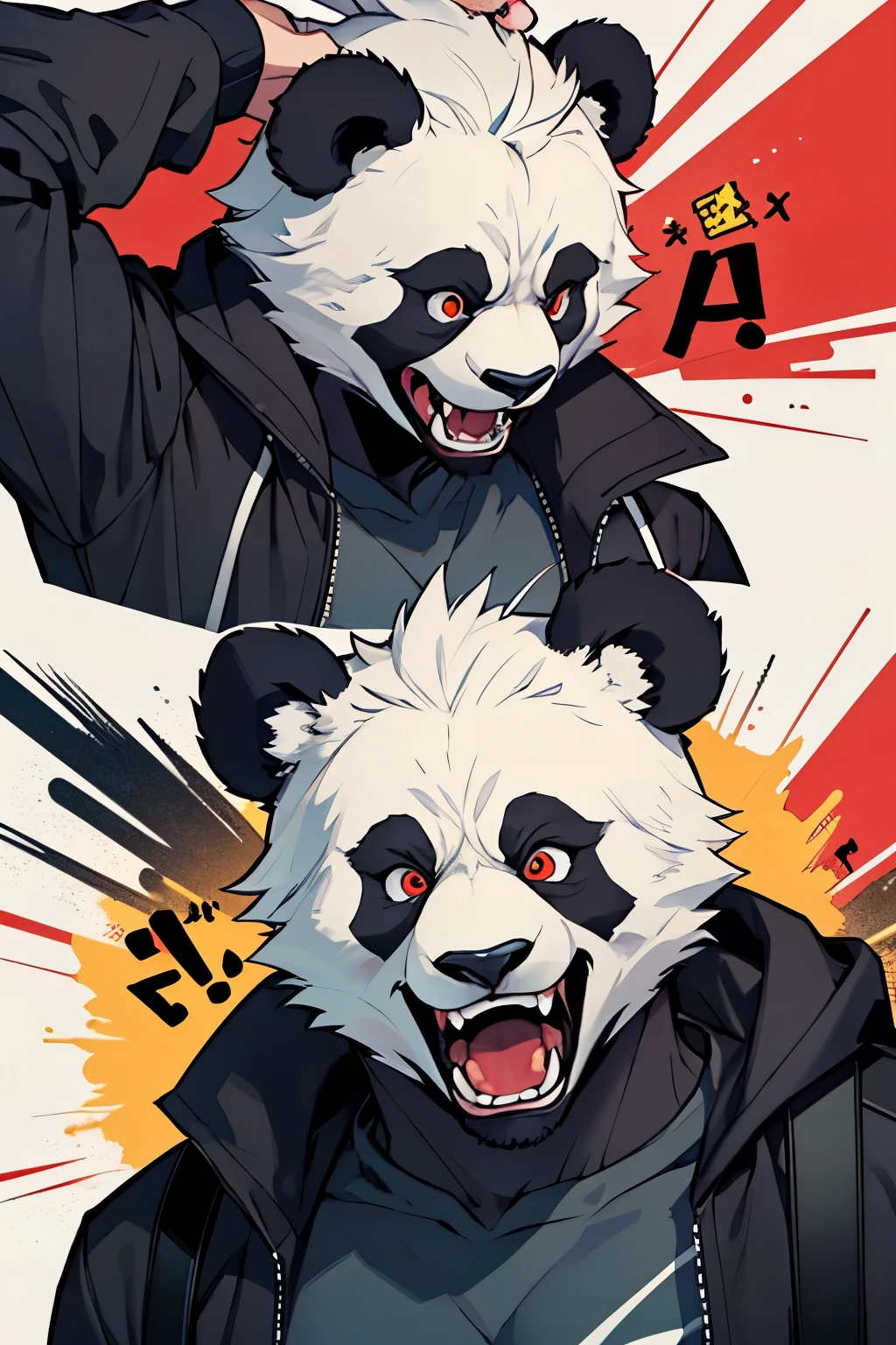 guy, dude, male, with panda ears, masculine, 2d scared screaming face with eyes popping out looking to the left side, but make it more terrified, horrified, male, guy, dude with panda ears