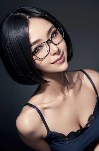masutepiece, Best Quality, Illustration, Ultra-detailed, finely detail, hight resolution, 8K Wallpaper, Perfect dynamic composition, Beautiful detailed eyes, Black lace underwear,Shorthair, Big breasts, Natural Color Lip, Random and sexy poses,Smile,Bedrooms、Looking at the camera、40-year-old woman、Thin glasses、