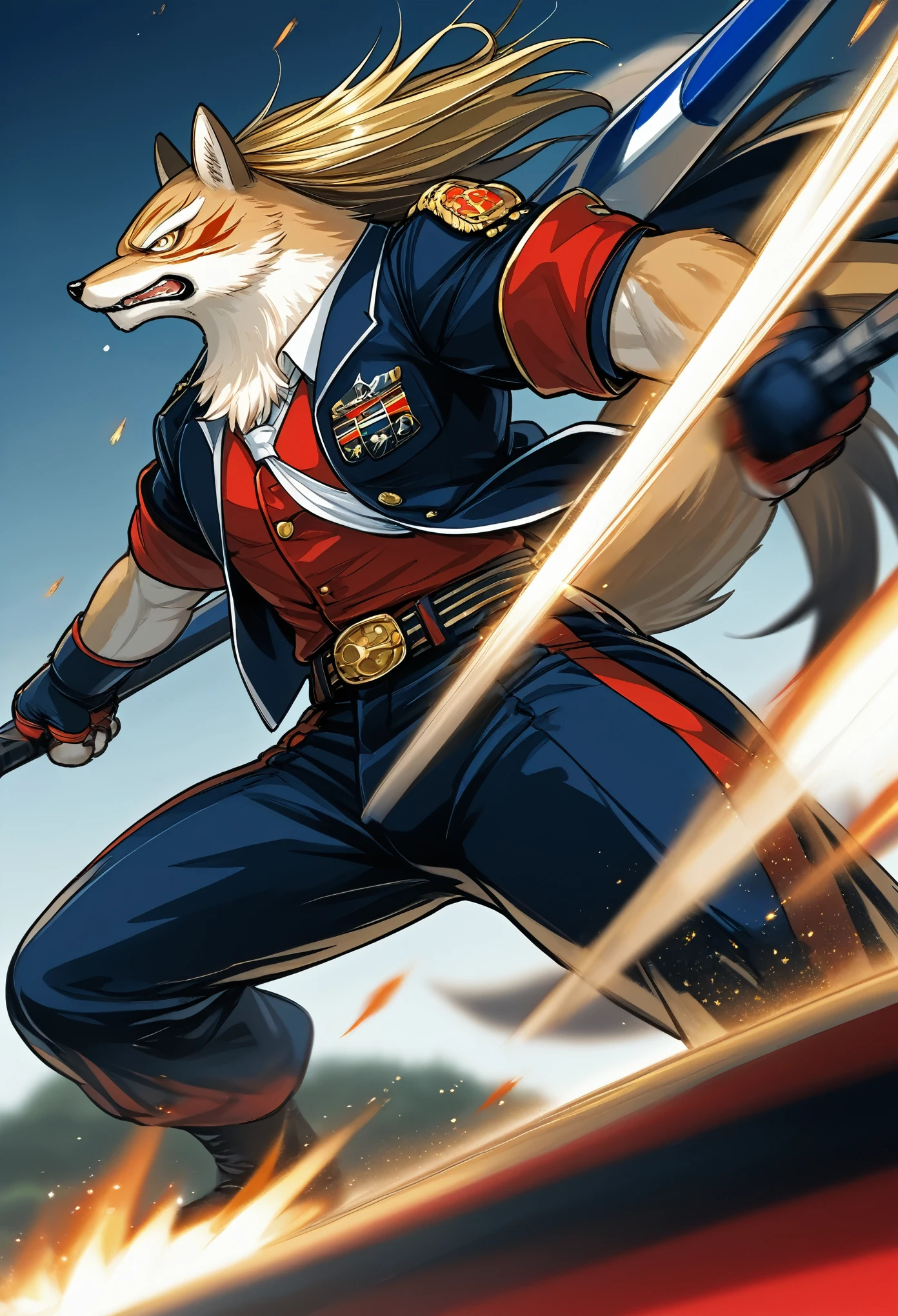 top quality, high-quality illustrations((masterpiece))depth of field, motion blur, absurdres, Perfect Anatomy, magnificent picture of kemono fighting fierce battles, kemono, Anthro((dramatic))epic, weapon, Acrobat, One scene of movie,