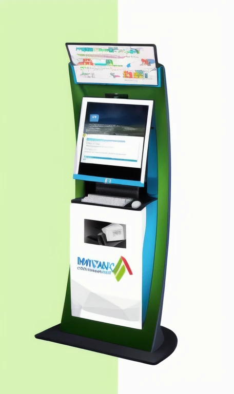 real kiosk with computer, monitor in top, same size and color, same size of the box in center with one paper inside for scanner, same logo and color, black camera between top monitor and computer