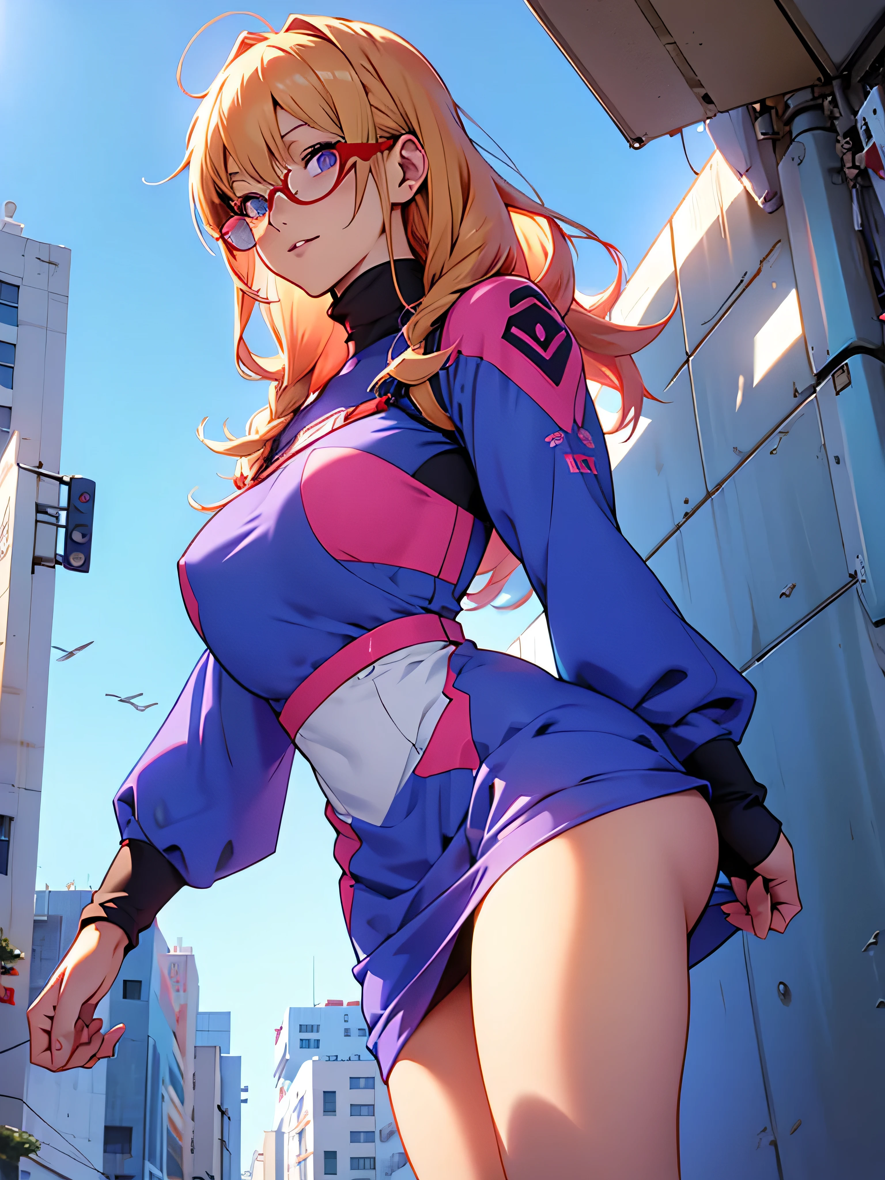 anime,An illustration,purple robot,Mobile Suit,Dom,Light blue check dress,Red glasses,Blonde,Light blue mesh hair,beautiful girl,Sora Sakurano,one person