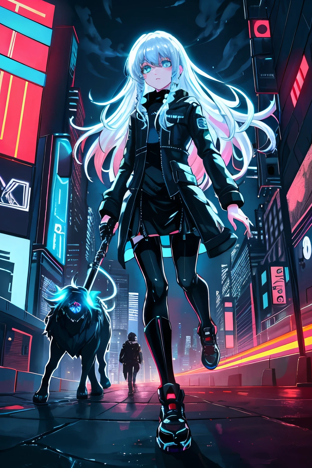 High-definition quality, futuristic background, cybernetic human chasing teenagers:
The teenage boy, with a disheveled mop of black hair, had his eyes glued to a holographic map floating in mid-air. The girl, with a cascade of long, curly red hair, was a step behind him, her blue eyes wide with fear. Amidst the neon-lit cityscape, a cybernetic human appeared, its metallic limbs echoing a menacing rhythm as it pursued them relentlessly. Its silver eyes glowed ominously, casting eerie shadows on the sleek streets. The boy and girl could only run, their breath