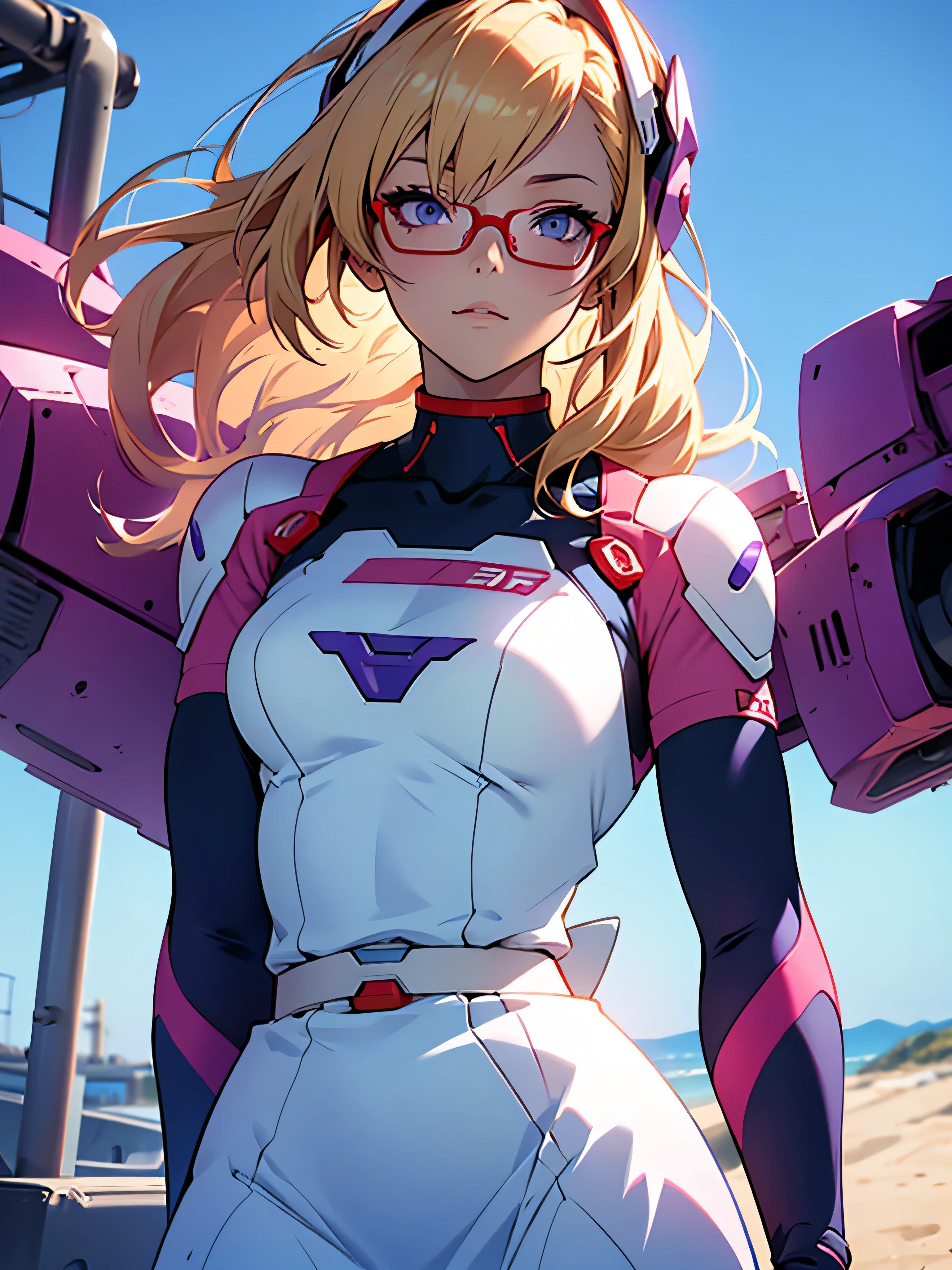 anime,An illustration,purple robot,Mobile Suit,Dom,Light blue check dress,Red glasses,Blonde,Light blue mesh hair,beautiful girl,Sora Sakurano,one person