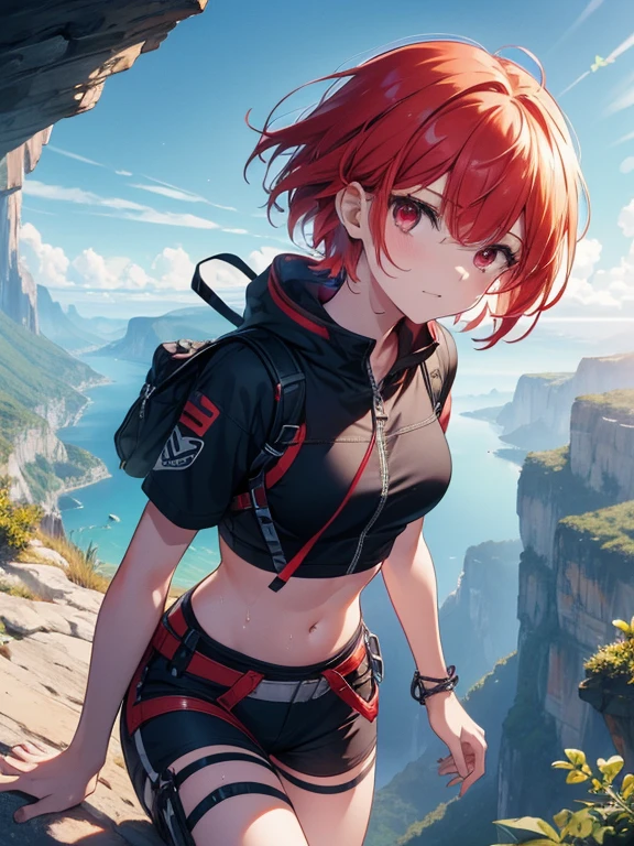 (8k, highest quality, Tabletop:1.2)、Ultra-high resolution, Detailed face, (See her from above), 15-year-old girl, Red eyes, Red hair, short hair, (((Free Solo Climbing))), ((Hands on the cliff)), ((Lift your head)), ((Sweat)), ((sneakers)), ((meanwhile)), (Crop top), (Shorts), holster, fog, null, Dense forest, canyon, high null