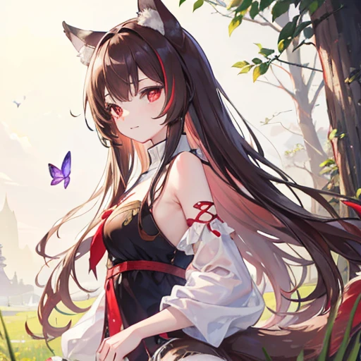 masterpiece,best quality, 1girl, solo, slight smile, slight smile, cherry, sunlight dapple, butterfly, grass animal ears,wolf ears,long hair, tail, wolf tail, red eyes, wolf girl,brown hair,,  