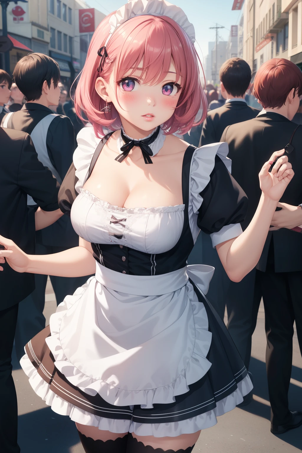 1girl, natural lighting, masterpiece, highly detailed, illustration, game CG, absurdres, high quality, aichan, large breasts, beautiful detailed eyes, medium bright pink hair, bangs, glossy lips, lips parted, blush, maid, short puffy sleeves, small maid apron, thigh highs, collarbone, cleavage, city street, (crowd)