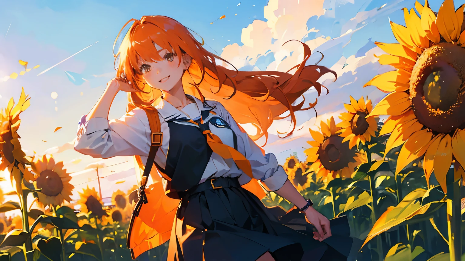 Cool girl Long Hair orange hair at park Sunny Sky smile sunflower high resolution