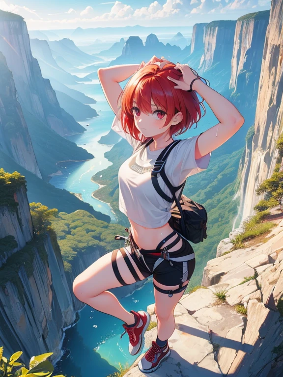 (8k, highest quality, Tabletop:1.2)、Ultra-high resolution, Detailed face, (See her from above), -yeld gi Red eyes, Red hair, short hair, (((Free Solo Climbing))), ((Hands on the cliff)), ((Lift your head)), ((Sweat)), ((sneakers)), ((meanwhile)), (Crop top), (Shorts), holster, fog, null, Dense forest, canyon, high null