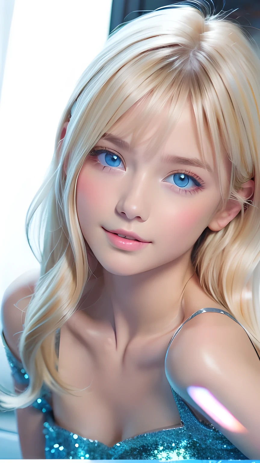 Beautiful white and shining skin、Blonde hair that changes color depending on the light、Bangs between the eyes obstruct vision、Shiny highlights on the cheeks、Sexy and very beautiful nice cute gorgeous face、The most beautiful face in the world、Super long gorgeous spare blonde hair、Smooth straight hair、Large Breasts, Very large, bright blue eyes that sparkle beautifully、Beautiful Bangs、Beautiful cute girl.Small Face Beauty、Cheek gloss highlighter