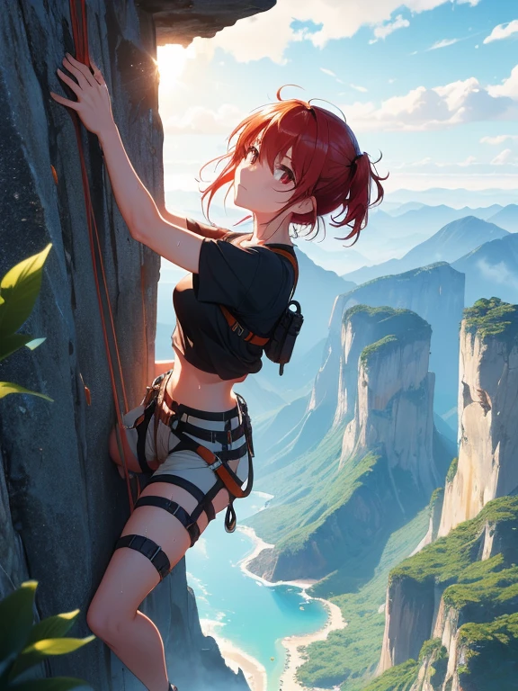 (8k, highest quality, Tabletop:1.2)、Ultra-high resolution, Detailed face, (See her from above), -yeld gi Red eyes, Red hair, short hair, (((Free Solo Climbing))), ((Hands on the cliff)), ((Lift your head)), ((Sweat)), ((sneakers)), ((meanwhile)), (Crop top), (Shorts), holster, fog, null, Dense forest, canyon, high null