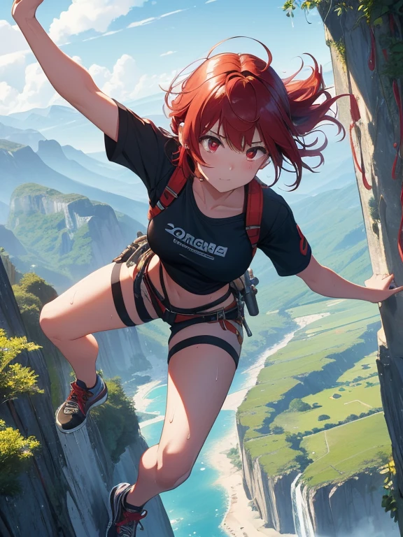 (8k, highest quality, Tabletop:1.2)、Ultra-high resolution, Detailed face, (See her from above), 15-year-old girl, Red eyes, Red hair, short hair, (((Free Solo Climbing))), ((Hands on the cliff)), ((Lift your head)), ((Sweat)), ((sneakers)), ((meanwhile)), (Crop top), (Shorts), holster, fog, null, Dense forest, canyon, high null