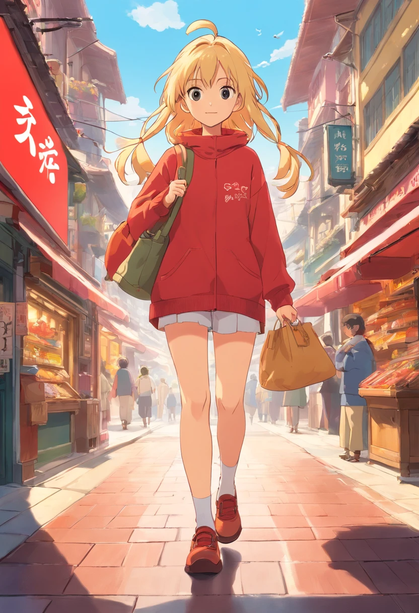 Chica rubia de ojos rojos y grandes senos y caderas caminando con una bolsa escotada y transparente por un centro comercial lleno de mujeres encantadoras