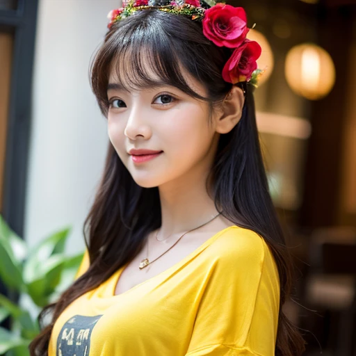 frontal photo Looking straight into the camera,8k quality,, Close-up photo of a cute Korean woman,Chest size 38 inches, His long, black hair flowed up.,) There are beautiful red flowers on her head., ponytail, Wear a dark yellow t-shirt., necklace, Inside a luxurious coffee shop, Taken with a high quality camera 45,000,000 pixels, realistic light colors,