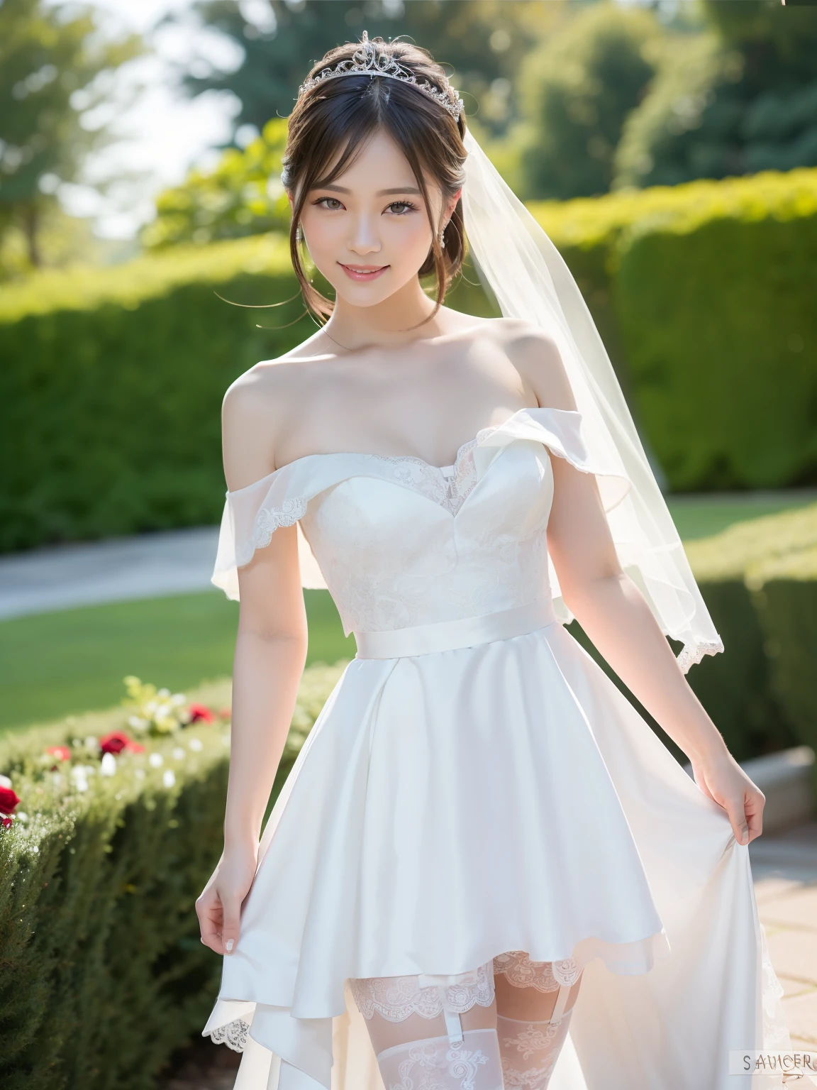 (Best quality: 1.5), (Realistic: 1.5), (1 person: 1.5), (Medium shot: 1.5), Highly detailed, High resolution, 8k, Medium breasts, Natural colored lips, Cute smile, Japanese woman, 20-year-old girl, beautiful and elegant features, perfect and beautiful face, large eyes with good balance between the left and right sides, brunette eyes, beautiful and elegant features, beautiful double eyelids, natural bangs, beautiful thin nose, beautiful skin, fair skin, (medium bob hair), natural bangs, perfect and beautiful face, slim face and figure, (looks at the camera with a sweet smile), bright lighting, professional lighting, forward lighting, princess line wedding dress, best Wearing a luxury bridal tiara (wearing a pure white off-shoulder wedding dress), luxury wedding dress, lace white gloves, bridal veil, (Western garden with beautiful roses), Western garden, micro mini skirt, ((garter belt)), knee-high lace stockings,