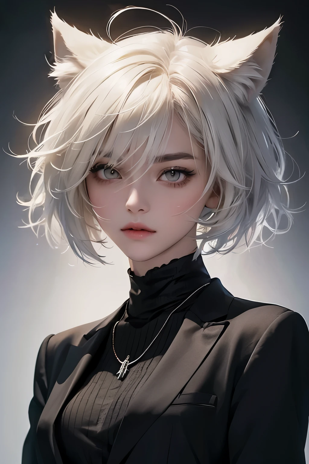 there is a girl with wolf ears. a necklace on her neck , headshot , anime girl with all black suits wolf cut hair, white hair, hazel yellowish eye, androgynous body, alpha female