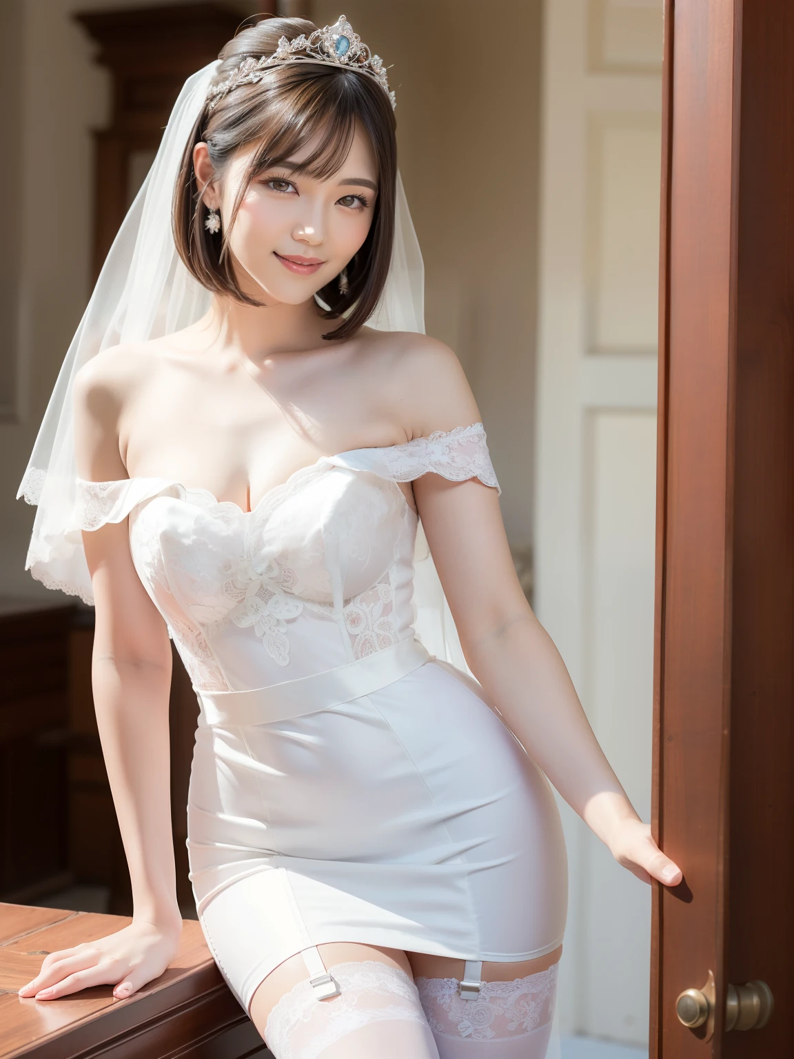 (Best quality: 1.5), (Realistic: 1.5), (1 person: 1.5), (Medium shot: 1.5), Highly detailed, High resolution, 8k, Medium breasts, Natural colored lips, Cute smile, Japanese woman, 20-year-old girl, beautiful and elegant features, perfect and beautiful face, large eyes with good balance between the left and right sides, brunette eyes, beautiful and elegant features, beautiful double eyelids, natural bangs, beautiful thin nose, beautiful skin, fair skin, (medium bob hair), natural bangs, perfect and beautiful face, slim face and figure, (looks at the camera with a sweet smile), bright lighting, professional lighting, forward lighting, princess line wedding dress, best Wearing a luxury bridal tiara (wearing a pure white off-shoulder wedding dress), luxury wedding dress, lace white gloves, bridal veil, (Western garden with beautiful roses), Western garden, micro mini skirt, ((garter belt)), knee-high lace stockings,