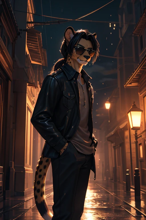a cheetah humanoid male, photorealistic, 1 person, wearing casual clothes, standing in the rain, around 20 years old, tall, messy black hair, cheetah facial features, slim body with a cheetah tail, wearing sunglasses, has a slight smile, furry, feminine appearance, a little pony tail hair, (best quality,4k,8k,highres,masterpiece:1.2),ultra-detailed,(realistic,photorealistic,photo-realistic:1.37),cinematic lighting,dramatic color palette,dynamic pose,intricate details,chiaroscuro lighting