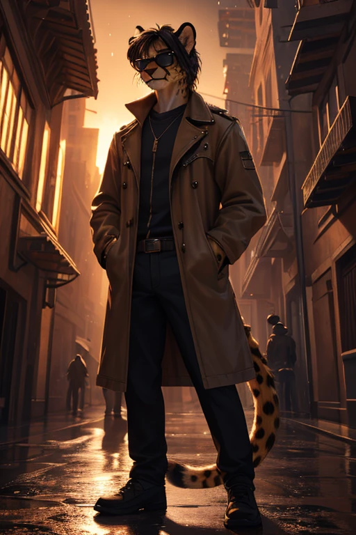 a cheetah humanoid male, photorealistic, 1 person, wearing casual clothes, standing in the rain, around 20 years old, tall, messy black hair, cheetah facial features, slim body with a cheetah tail, wearing sunglasses, has a slight smile, furry, feminine appearance, (best quality,4k,8k,highres,masterpiece:1.2),ultra-detailed,(realistic,photorealistic,photo-realistic:1.37),cinematic lighting,dramatic color palette,dynamic pose,intricate details,chiaroscuro lighting