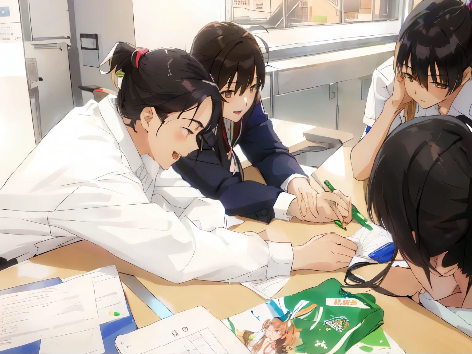 With two girls２Two male high school students are sitting at a table with pencils and paper, High school classroom, Anime Style, Kyoto Animation Style, Smiling and laughing, Japanese High School, Hair is black,Dress code: uniform