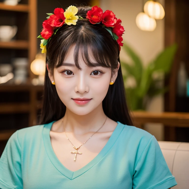 frontal photo Looking straight into the camera,8k quality,, Close-up photo of a cute Korean woman,Chest size 38 inches, His long, black hair flowed up.,) There are beautiful red flowers on her head., ponytail, Wear a dark yellow t-shirt., necklace, Inside a luxurious coffee shop, Taken with a high quality camera 45,000,000 pixels, realistic light colors,