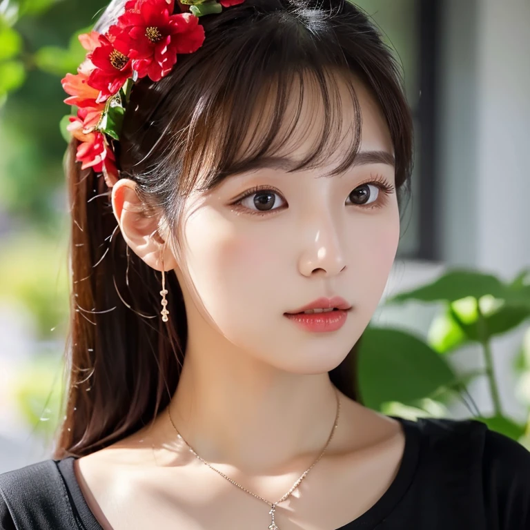frontal photo Looking straight into the camera,8k quality,, Close-up photo of a cute Korean woman,Chest size 38 inches, His long, black hair flowed up.,) There are beautiful red flowers on her head., ponytail, Wear a dark yellow t-shirt., necklace, Inside a luxurious coffee shop, Taken with a high quality camera 45,000,000 pixels, realistic light colors,