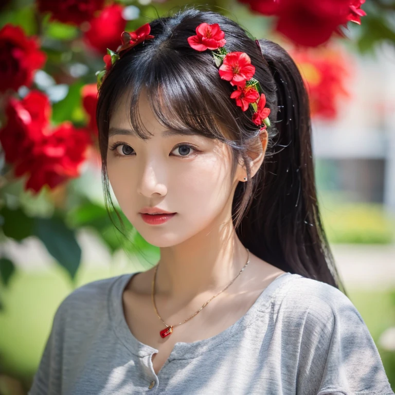 frontal photo Looking straight into the camera,8k quality,, Close-up photo of a cute Korean woman,Chest size 38 inches, His long, black hair flowed up.,) There are beautiful red flowers on her head., ponytail, Wear a dark yellow t-shirt., necklace, Inside a luxurious coffee shop, Taken with a high quality camera 45,000,000 pixels, realistic light colors,