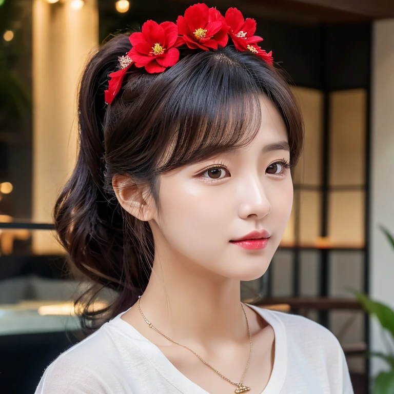 frontal photo Looking straight into the camera,8k quality,, Close-up photo of a cute Korean woman,Chest size 38 inches, His long, black hair flowed up.,) There are beautiful red flowers on her head., ponytail, Wear a dark yellow t-shirt., necklace, Inside a luxurious coffee shop, Taken with a high quality camera 45,000,000 pixels, realistic light colors,