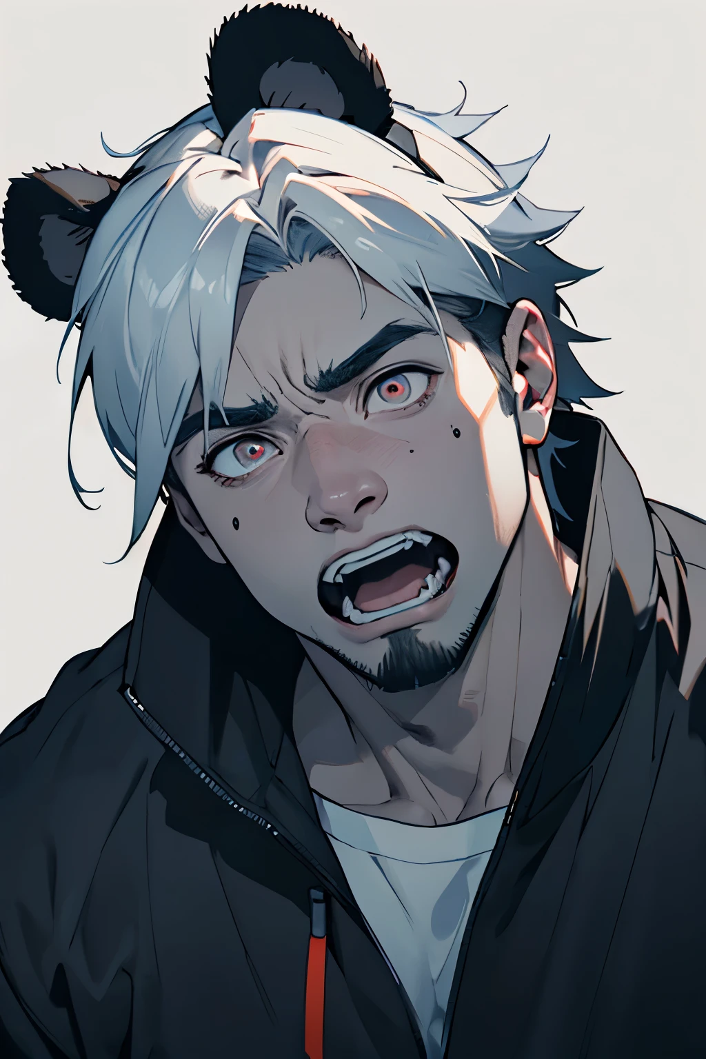 guy, dude, male, male human face with panda ears, masculine, 2d scared screaming face with eyes popping out looking to the left side, but make it more terrified, horrified, male, guy, dude with panda ears
