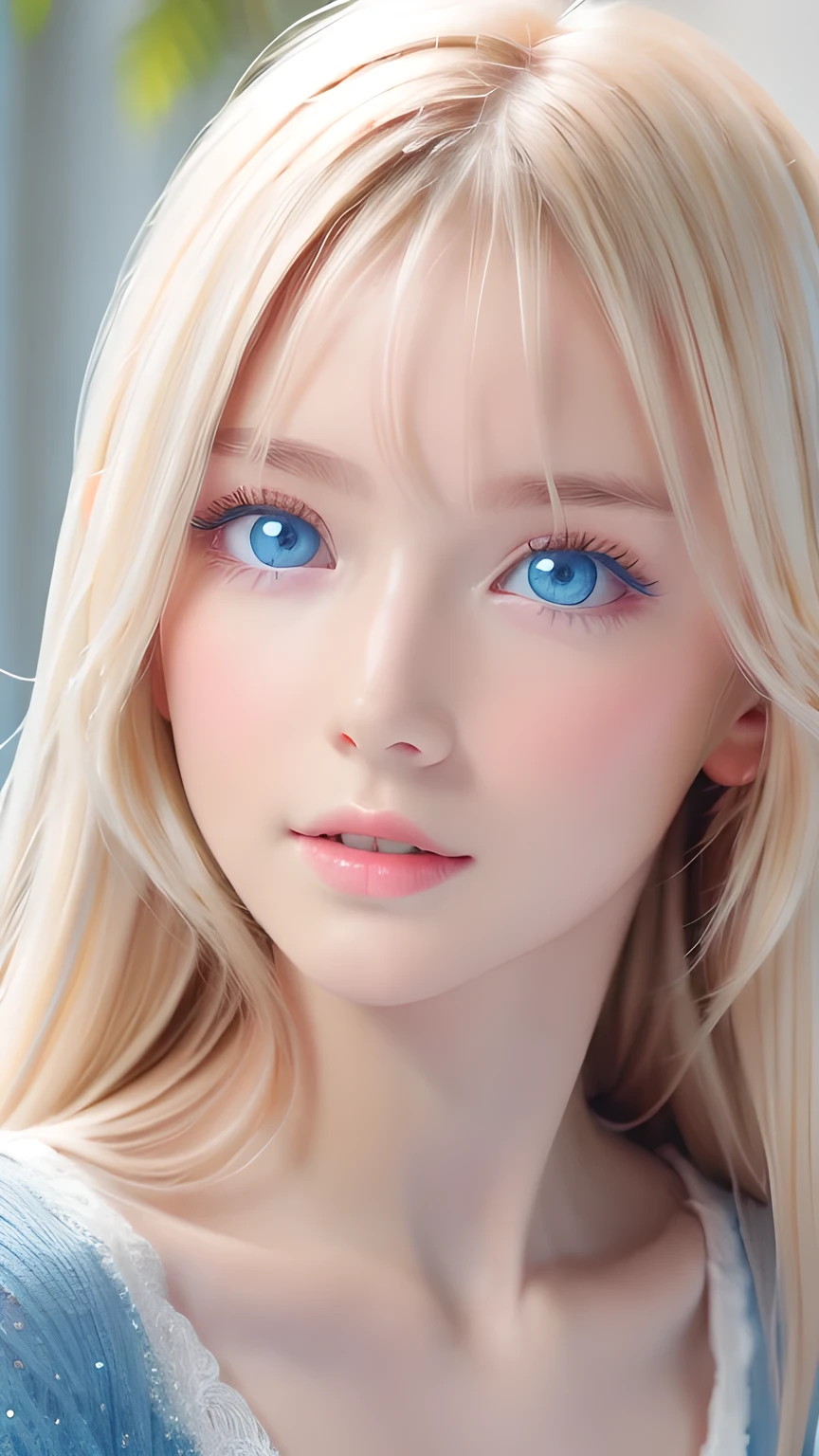Beautiful white and shining skin、Blonde hair that changes color depending on the light、Bangs between the eyes obstruct vision、Shiny highlights on the cheeks、Sexy and very beautiful nice cute gorgeous face、The most beautiful face in the world、Super long gorgeous spare blonde hair、Smooth straight hair、Large Breasts, Very large, bright blue eyes that sparkle beautifully、Beautiful Bangs、Beautiful cute girl.Small Face Beauty、Cheek gloss highlighter