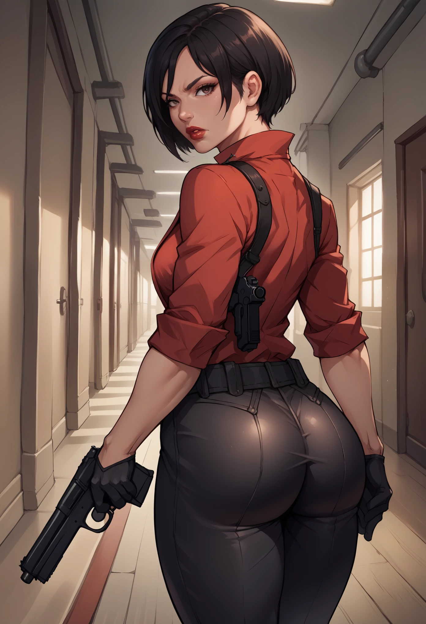 score_9, score_8_up, score_7_up, source_anime, realistic BREAK 1girl, solo,serious, lips, red lips, lipstick,adashirt, black hair, short hair, black eyes, red shirt, cross necklace, cleavage, black gloves, partially unbuttoned, black pants, parted lips, from behind, ass, looking back, looking at viewer, thighs, indoors,handgun,holding weapon, trigger discipline, hallway