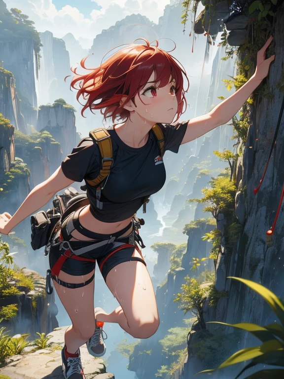 (8k, highest quality, Tabletop:1.2)、Ultra-high resolution, Detailed face, (See her from above), 15-year-old girl, Red eyes, Red hair, short hair, (((Free Solo Climbing))), ((Hands on the cliff)), ((Lift your head)), ((Sweat)), ((sneakers)), ((meanwhile)), (Crop top), (Shorts), holster, fog, null, Dense forest, canyon, high null