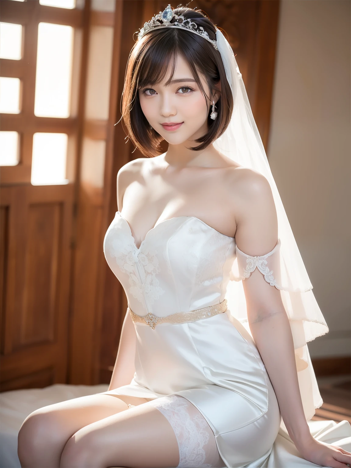 (Best quality: 1.5), (Realistic: 1.5), (1 person: 1.5), (Medium shot: 1.5), Highly detailed, High resolution, 8k, Medium breasts, Natural colored lips, Cute smile, Japanese woman, 20-year-old girl, beautiful and elegant features, perfect and beautiful face, large eyes with good balance between the left and right sides, brunette eyes, beautiful and elegant features, beautiful double eyelids, natural bangs, beautiful thin nose, beautiful skin, fair skin, (medium bob hair), natural bangs, perfect and beautiful face, slim face and figure, (looks at the camera with a sweet smile), bright lighting, professional lighting, forward lighting, princess line wedding dress, best Wearing a luxury bridal tiara (wearing a pure white off-shoulder wedding dress), luxury wedding dress, lace white gloves, bridal veil, (Western garden with beautiful roses), Western garden, micro mini skirt, ((garter belt)), knee-high lace stockings,