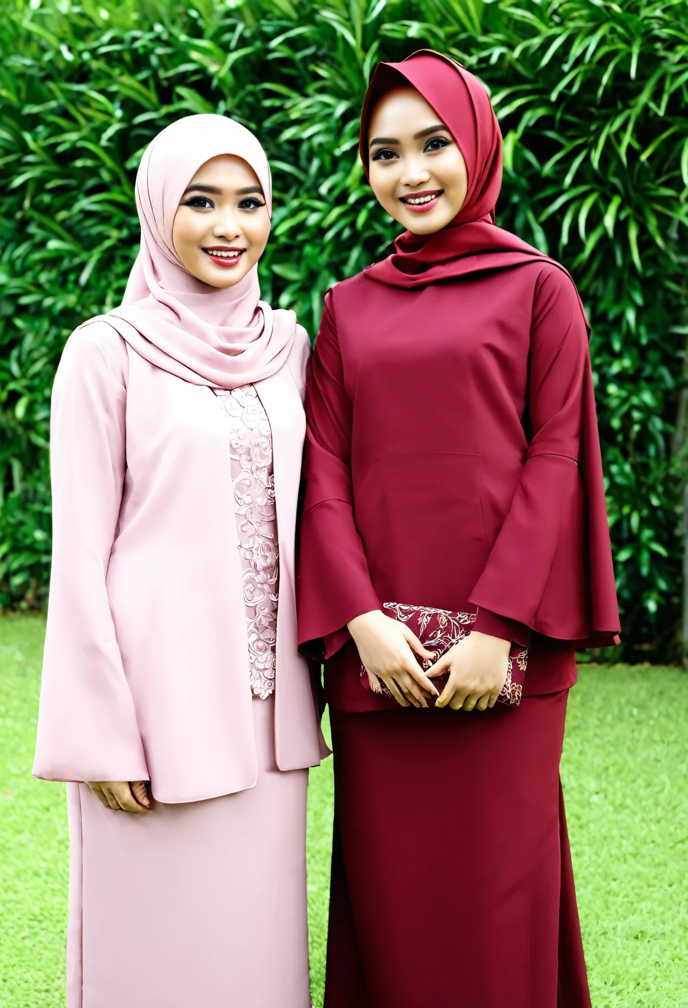 Perempuan berhijab maroon dan kebaya maroon memakai toga wisuda