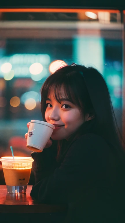 beautiful realistic cute smile chubby korean girl, a realistic ultradetail,real detail eye, real detail nose, real detail real lips,(real photo cinematic film still of in the 1990's) there a korean woman sitting by the window of a coffee shop and drinking coffee. night, background many neon sign, (happy pose), the photographer walking down the street looked beautiful and took pictures of her outside the window, snap shot, street photography, blur ,fokus,(face that visible through the glass), dark, low light, low key, wide angle