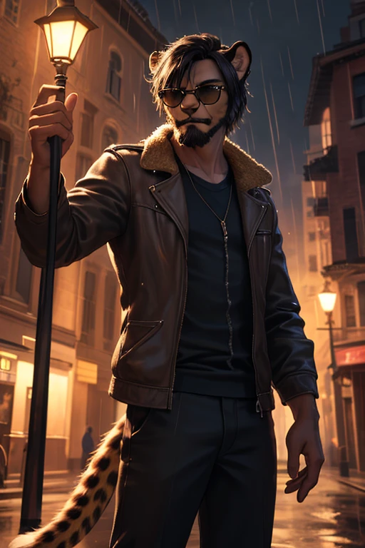 a cheetah humanoid male, photorealistic, 1 person, wearing casual clothes, standing in the rain, around 20 years old, tall, messy black hair, cheetah facial features, slim body with a cheetah tail, wearing sunglasses, has a slight smile, furry, feminine appearance, (best quality,4k,8k,highres,masterpiece:1.2),ultra-detailed,(realistic,photorealistic,photo-realistic:1.37),cinematic lighting,dramatic color palette,dynamic pose,intricate details,chiaroscuro lighting, beard