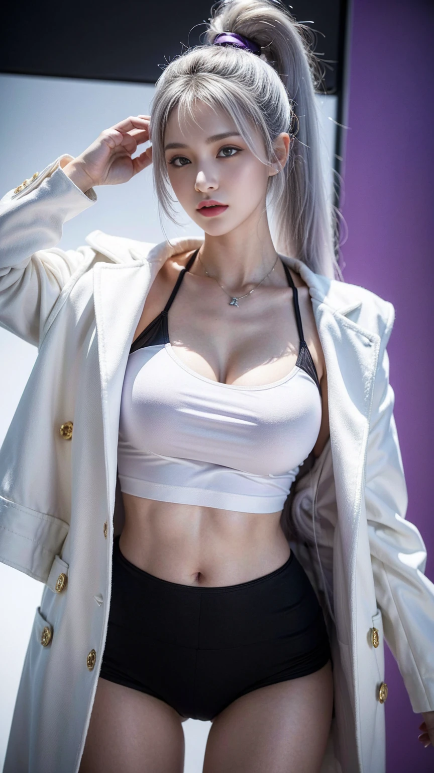 masterpiece,best quality,high resolution,8K,Focus on the thighs and above,original photo,Digital Photography,(Sci-fi style women),20 year old girl,Long ponytail hairstyle,By Bangs,(Purple Eyes),(white hair),Full breasts,Felling,Elegance and nobility,Serious and indifferent,Open white coat,Black Camisole,Rich details,shut your mouth,Show your belly button,Exquisite decoration,Cyberpunk future style,(Female Scholars),Photo poses,White background,oc render reflection texture