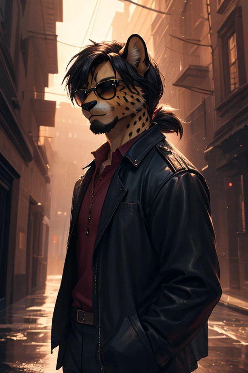 a cheetah humanoid male, photorealistic, 1 person, wearing casual clothes, standing in the rain, around 20 years old, tall, messy black hair, cheetah facial features, slim body with a cheetah tail, wearing sunglasses, has a slight smile, furry, feminine appearance, a little pony tail hair, (best quality,4k,8k,highres,masterpiece:1.2),ultra-detailed,(realistic,photorealistic,photo-realistic:1.37),cinematic lighting,dramatic color palette,dynamic pose,intricate details,chiaroscuro lighting, beard