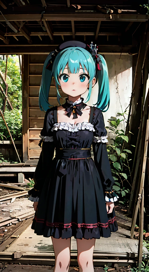 masterpiece, highest quality, (anime screencap:1.3),(shape), cute,(simple:1), (anime:1.2),Solo Sharp Focus, 1 girl, cleavage,looking at the viewer, Japan,aqua hair,((mini skirt)),Are standing, twin tails,summer ,((Black Gothic Costume)),red ribbon,dark gothic,abandoned house,****ta fashion,hair ribbon,cowboy shot