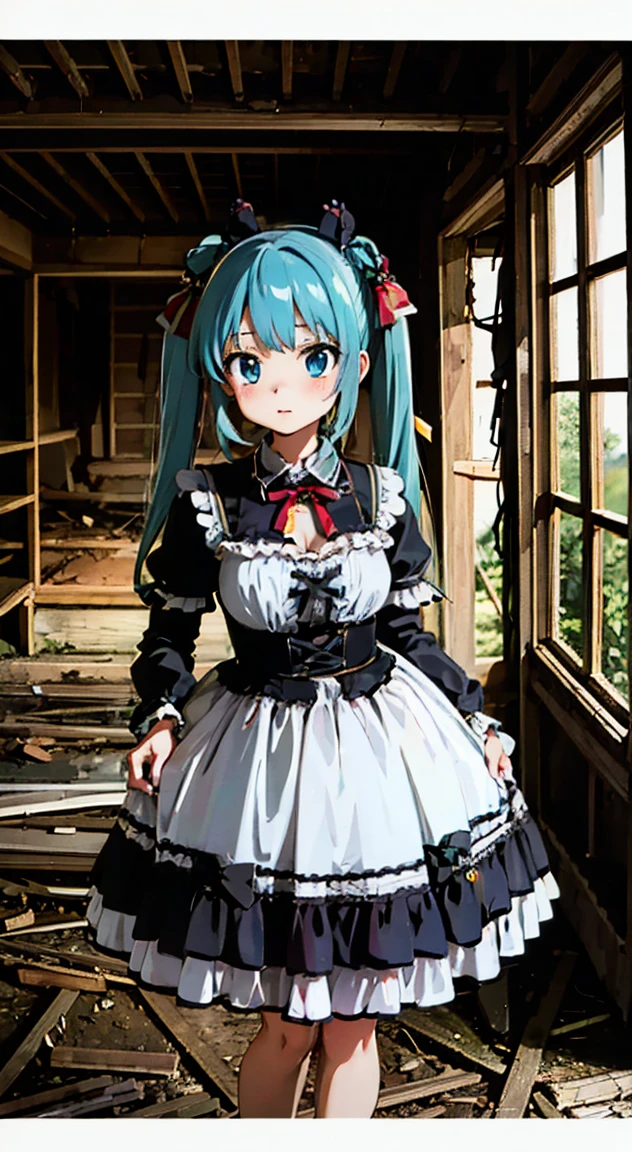 masterpiece, highest quality, (anime screencap:1.3),(shape), cute,(simple:1), (anime:1.2),Solo Sharp Focus, 1 girl, cleavage,looking at the viewer, Japan,aqua hair,((mini skirt)),Are standing, twin tails,summer ,((Black Gothic Costume)),red ribbon,dark gothic,abandoned house,****ta fashion,hair ribbon,cowboy shot