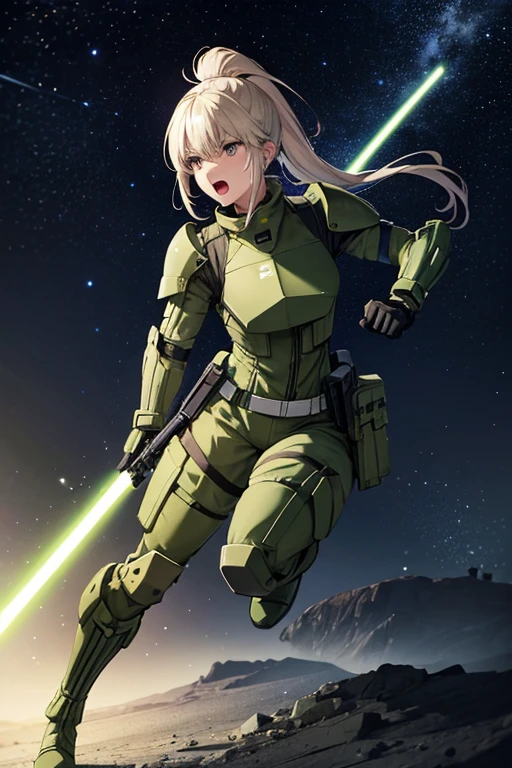 Anime drawings、Full body portrait、Space Sci-Fi Soldier、A military woman, about 175cm tall, around 28 years old, wearing a dark green bulletproof vest, holding a lightsaber、Open mouth and screaming、Her hair is semi-long and tied up in one ponytail.、Platinum Blonde Hair、Shoulder Armor、Military boots、Wearing a helmet