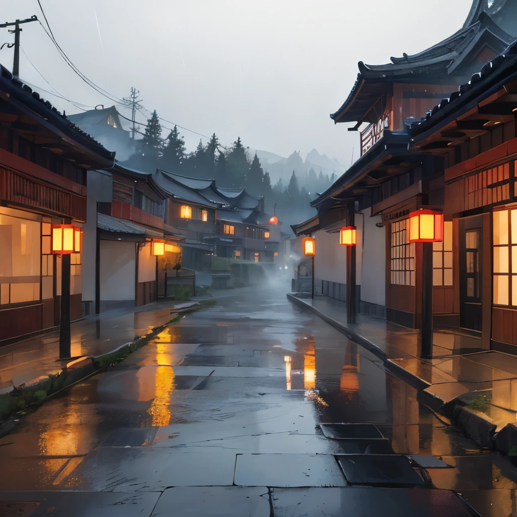 arafed view of a village with a lot of lights on the buildings, dreamy chinese town, chinese village, amazing wallpaper, japanese town, japanese village, hyper realistic photo of a town, old asian village, japanese city, by Raymond Han, rainy evening, cyberpunk chinese ancient castle, beautifully lit buildings, at evening during rain, beautiful and aesthetic, photography, cinematic, 8k, high detailed ((Heavy rain)))