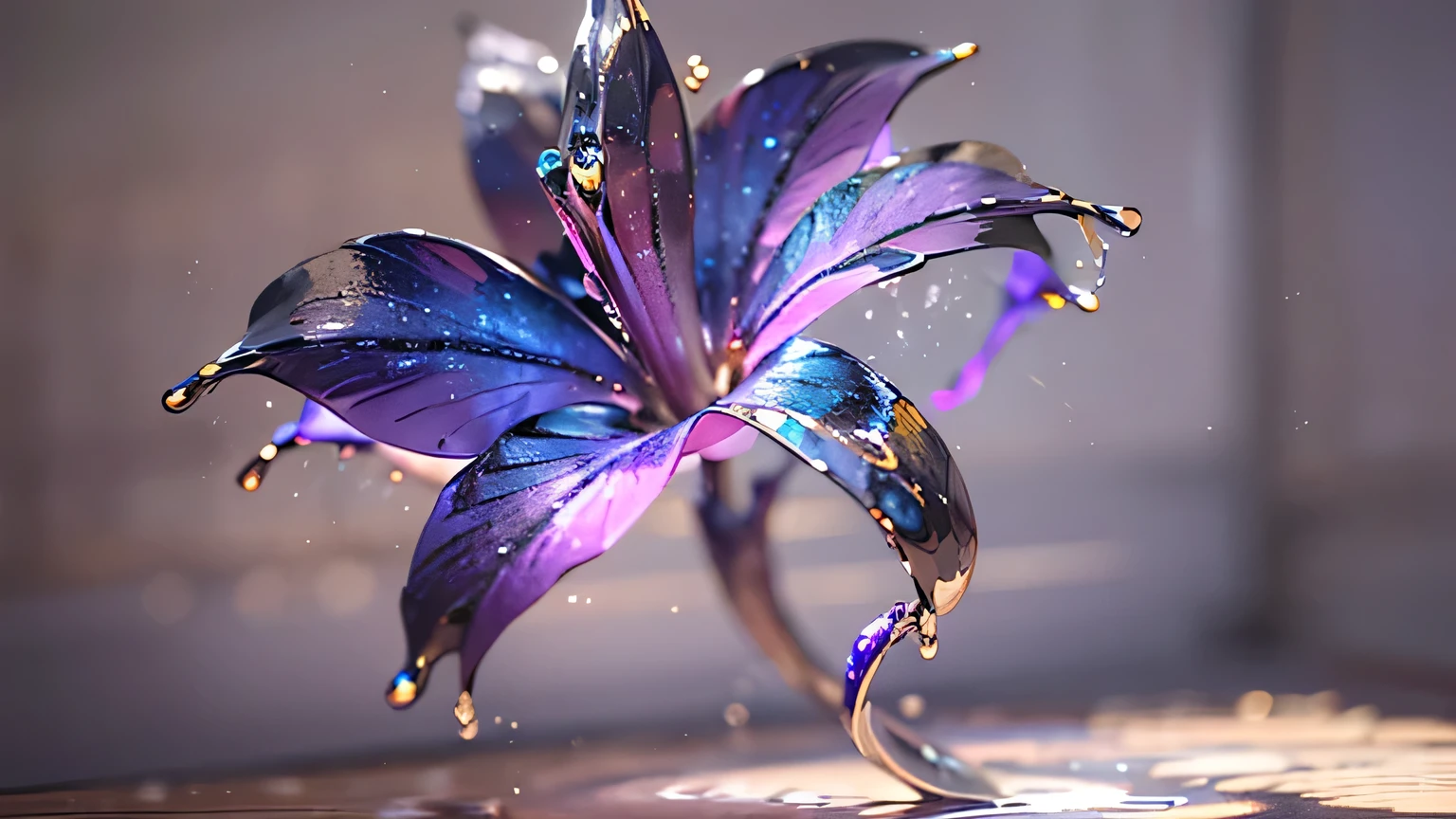 (liquid metal art: 1.5)liquid metal a picture of a exquisite beautiful lily flower made from liquid metal  (masterpiece, best detailed, best quality: 1.4), (blue: 1.5) petals,  there is (purple: 1.3) vivid, living butterfly (masterpiece, best detailed, best quality: 1.4) flying near the lily  dynamic range, ultra wide shot, photorealism, depth of field, hyper realistic, dynamic range, ultra wide shot, photorealism, depth of field, hyper realistic, 3D render, LiquidHair