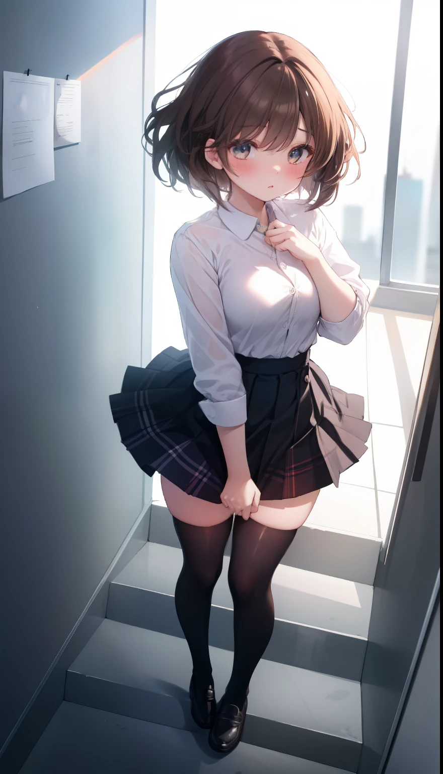 One Girl、Positive、From above、Full body portrait、Brown haired、Medium Haircut、blush、Absolute area、Knee socks、stockings、Black knee-high socks、White underwear、Cleavage、Light blue cut shirt、Unbutton your shirt、Shirt buttons fly off、Navy blue checkered pleated skirt、Very short skirt、School stairs、Daytime、(Very big boobs)、((Full Body Lesbian))、masterpiece、(highest quality)、Panties around the ankles、loafers、The wind blows up my skirt、vibrator in thighhighs、