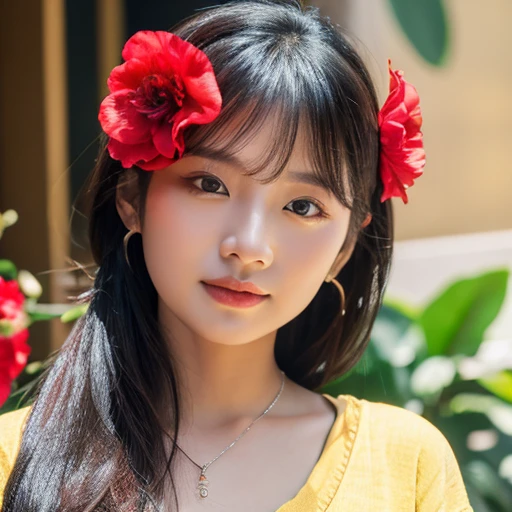 frontal photo Looking straight into the camera,8k quality,, Close-up photo of a cute Korean woman,Chest size 38 inches, His long, black hair flowed up.,) There are beautiful red flowers on her head., ponytail, Wear a dark yellow t-shirt., necklace, Inside a luxurious coffee shop, open aperture, Taken with a high quality camera 45,000,000 pixels, realistic light colors,