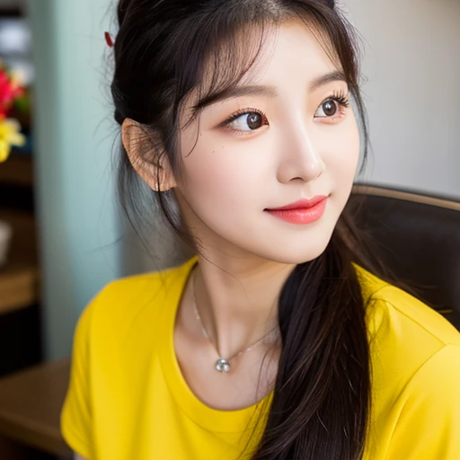 frontal photo Looking straight into the camera,8k quality,, Close-up photo of a cute Korean woman,Chest size 38 inches, His long, black hair flowed up.,) There are beautiful red flowers on her head., ponytail, Wear a dark yellow t-shirt., necklace, Inside a luxurious coffee shop, open aperture, Taken with a high quality camera 45,000,000 pixels, realistic light colors,