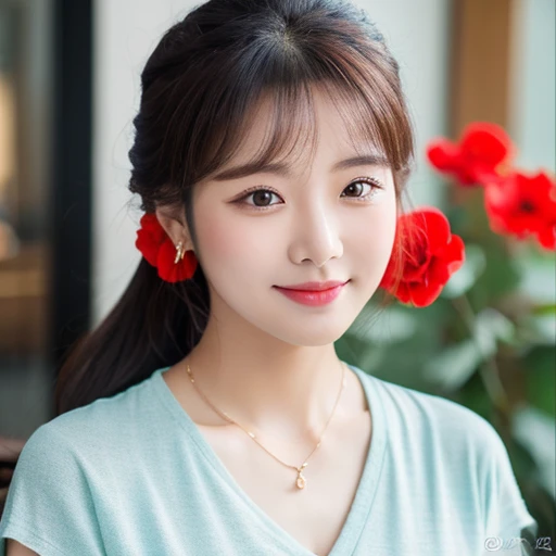 frontal photo Looking straight into the camera,8k quality,, Close-up photo of a cute Korean woman,Chest size 38 inches, His long, black hair flowed up.,) There are beautiful red flowers on her head., ponytail, Wear a dark yellow t-shirt., necklace, Inside a luxurious coffee shop, open aperture, Taken with a high quality camera 45,000,000 pixels, realistic light colors,