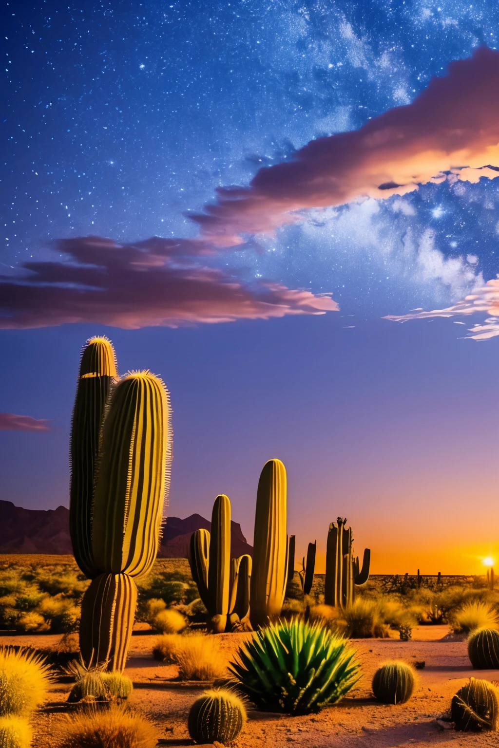 paisagem, Cactus plants in a desert area with a sky background, caatinga, paisagem do deserto, serene desert scenery at night.