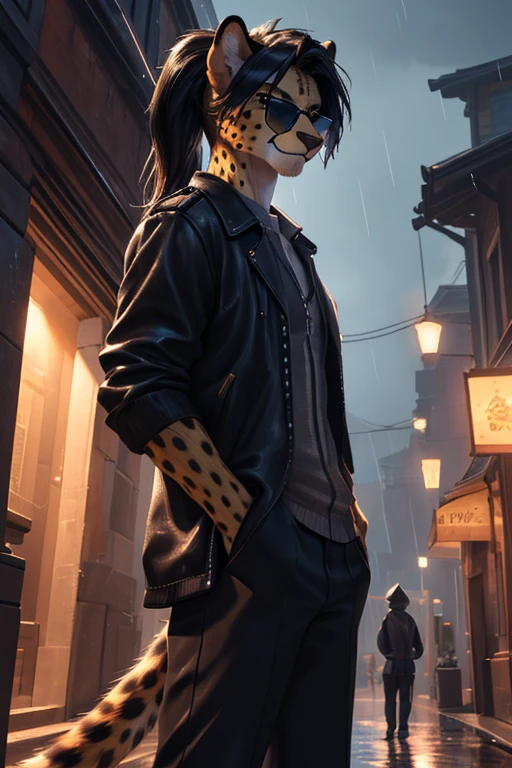 a cheetah humanoid male, photorealistic, 1 person, wearing casual clothes, standing in the rain, around 20 years old, tall, messy black hair, cheetah facial features, slim body with a cheetah tail, wearing sunglasses, has a slight smile, furry, feminine appearance, a little pony tail hair, (best quality,4k,8k,highres,masterpiece:1.2),ultra-detailed,(realistic,photorealistic,photo-realistic:1.37),cinematic lighting,dramatic color palette,dynamic pose,intricate details,chiaroscuro lighting